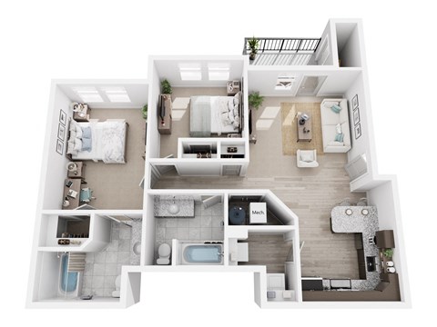 a 3d floor plan of a house with a bedroom and a living room